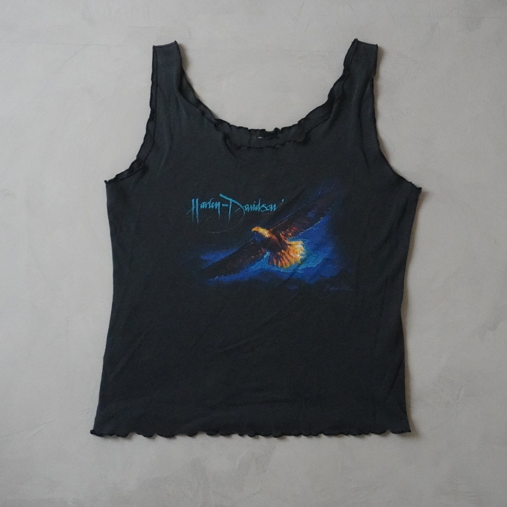 Vintage Harley Davidson Eagle Tank Top Medium Womens Black Lettuce Edge 90s Y2K